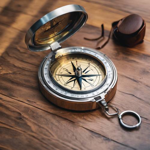 A modern nautical compass with clean, shiny metal casing on a wooden navigation table.