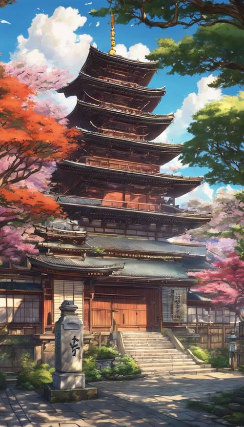 Anime depiction of a serene Japanese temple in the heart of Tokyo.