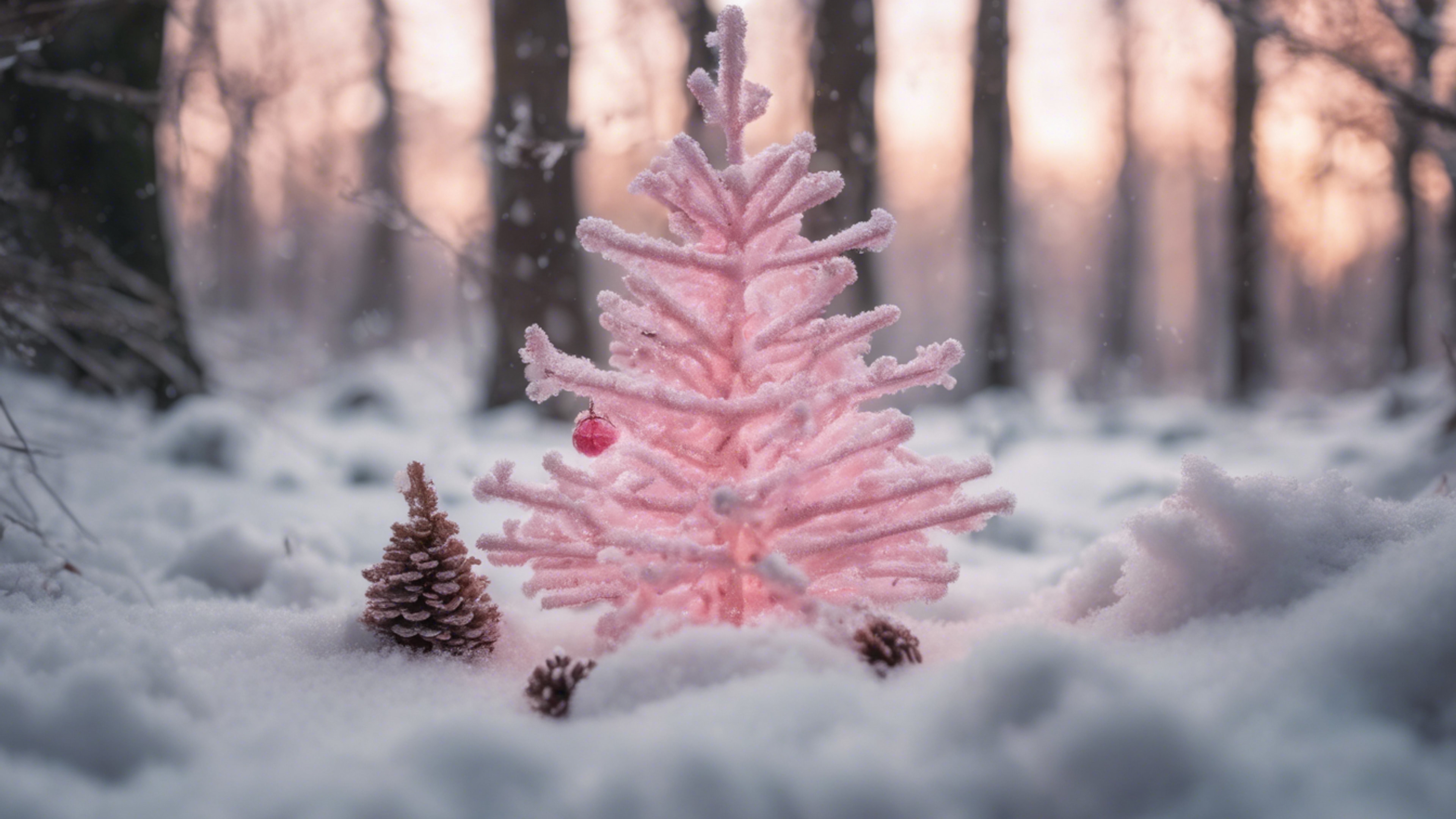 A snowy woodland scene with a pink Christmas angle gracing the foreground. Wallpaper[f9b1e4313f2541d485d1]