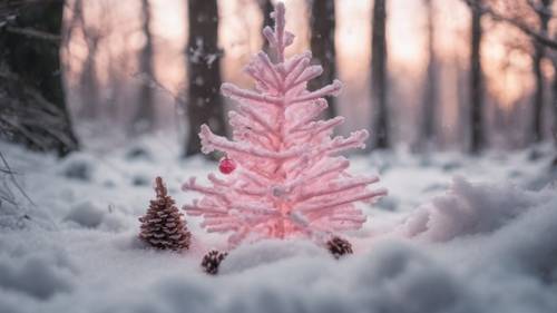 Pemandangan hutan bersalju dengan sudut Natal berwarna merah muda menghiasi latar depan.
