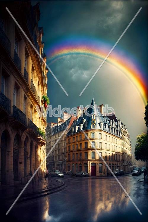 魅力的な街の通りにかかる虹