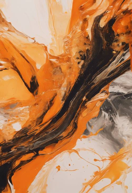 A bright orange abstract painting on a background of varying shades of yellow.