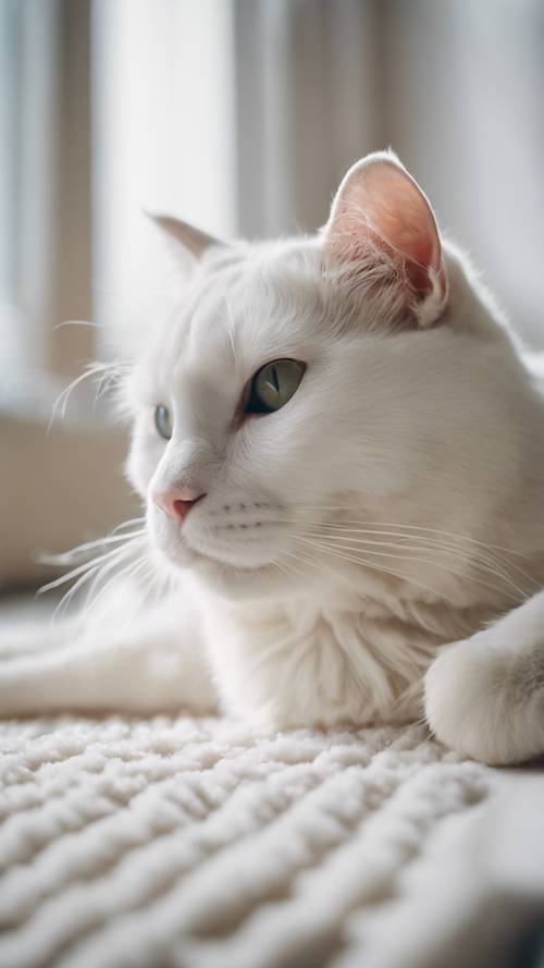 一隻年長的白貓舒適地躺在柔軟的白色地毯上。