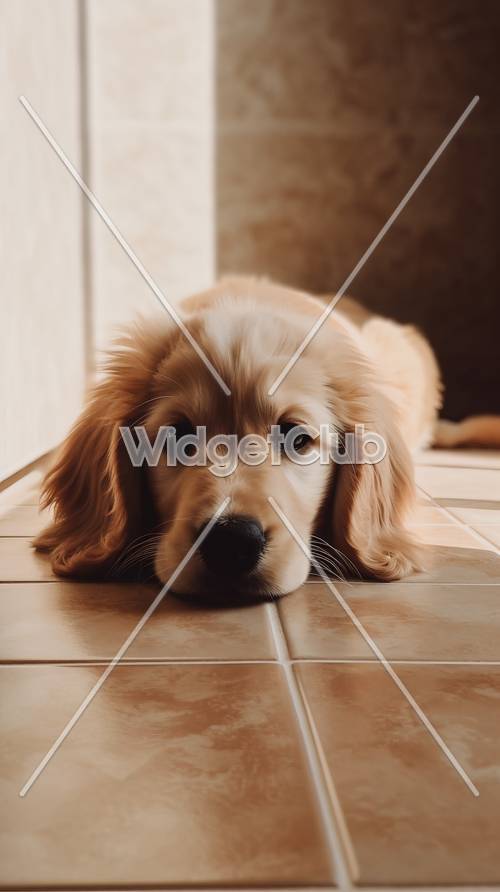Lindo cachorro acostado sobre azulejos