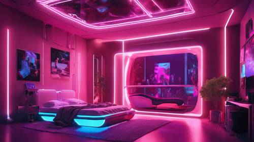 Un dormitorio futurista inspirado en el año 2000 con iluminación de neón, cama flotante y arte de pared digital.