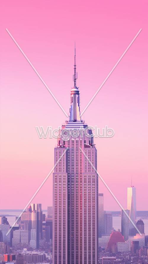 유명한 고층 빌딩 위에 핑크색 하늘