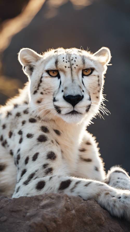 Zbliżenie na spokojnego białego geparda leżącego na szczycie wysokiego klifu, skąpanego w delikatnym świetle księżyca.