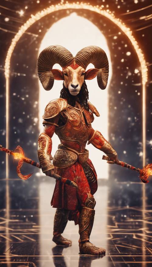 Illustration of the astrological sign Aries as an energetic and fiery warrior. کاغذ دیواری [d0e5df48a4174b52a4a0]