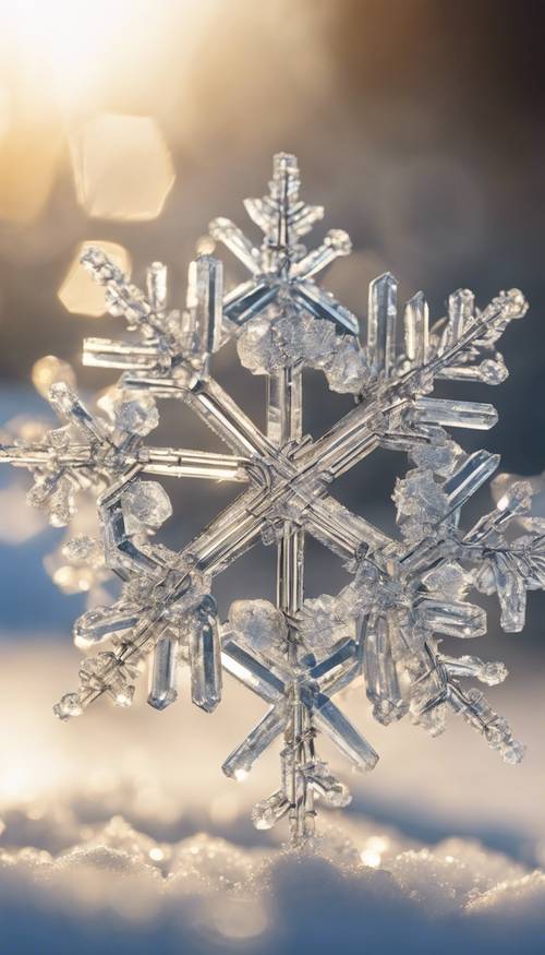 Eine Nahaufnahme eines Schneeflockenkristalls mit außergewöhnlichen Details seiner sechseckigen Struktur, beleuchtet von einer blassen Wintersonne.