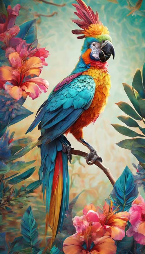 傳統與現代藝術的融合，用鮮豔的色彩描繪出一種奇異的鳥類。