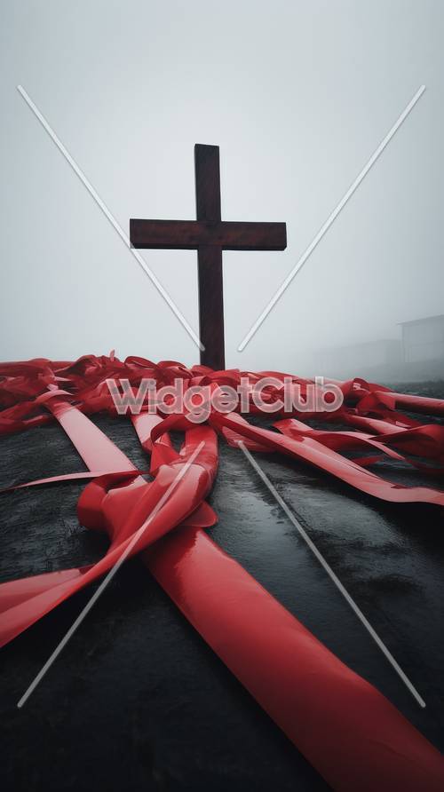 赤いリボンがついた霧の中の十字架