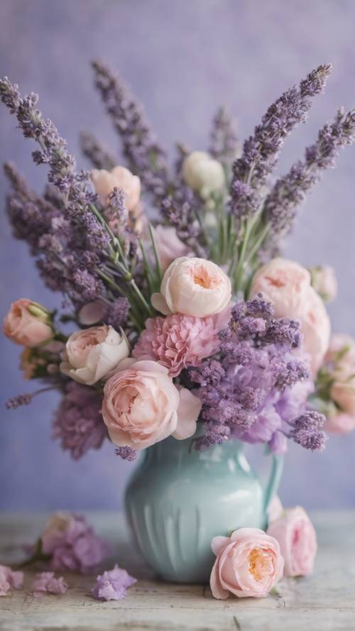 A pastel bouquet of spring flowers in a lavender vase.