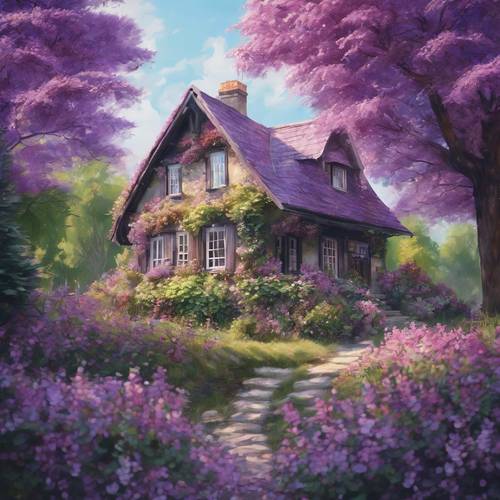 Postimpressionistisches Gemälde eines malerischen Häuschens, eingebettet zwischen Bäumen mit violetten Blättern. Hintergrund [fd4732fba4db4fa49973]