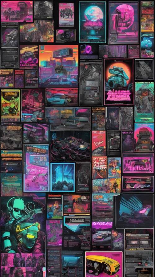 Una parete a tema scuro con numerosi poster di videogiochi vintage neri e grigi.