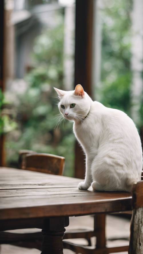 Çarpıcı yeşil gözlü beyaz bir kedi, eski ahşap bir yemek masasının yanında oturan, sabırla akşam yemeğini bekleyen.