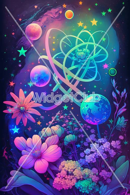 행성과 꽃이 있는 다채로운 우주 정원