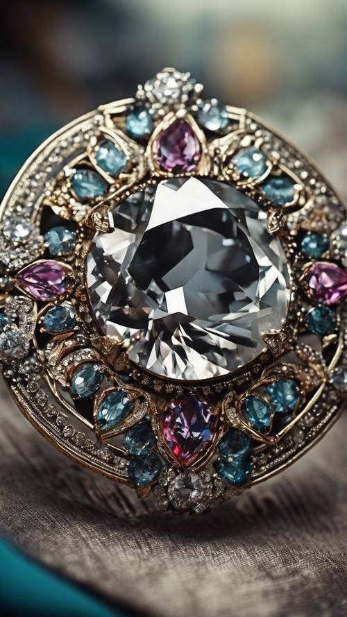 Một viên kim cương màu xám rực rỡ được gắn trên một chiếc trâm cài cổ điển.