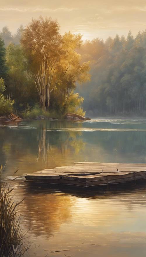 Una pintura al óleo hiperrealista de un lago tranquilo y sereno al amanecer que transmite sentimientos de paz y tranquilidad.