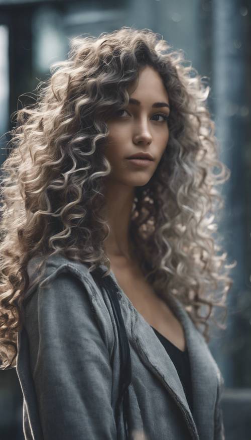A girl with long curly hair that transitions from dark gray to light silver, styled in an ombre technique.