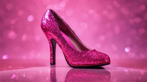 Sepatu hak tinggi seluruhnya terbuat dari kilau merah jambu cerah.