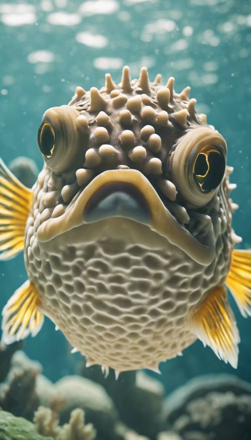 A detailed, close-up view of a pufferfish expanding its body in defense.