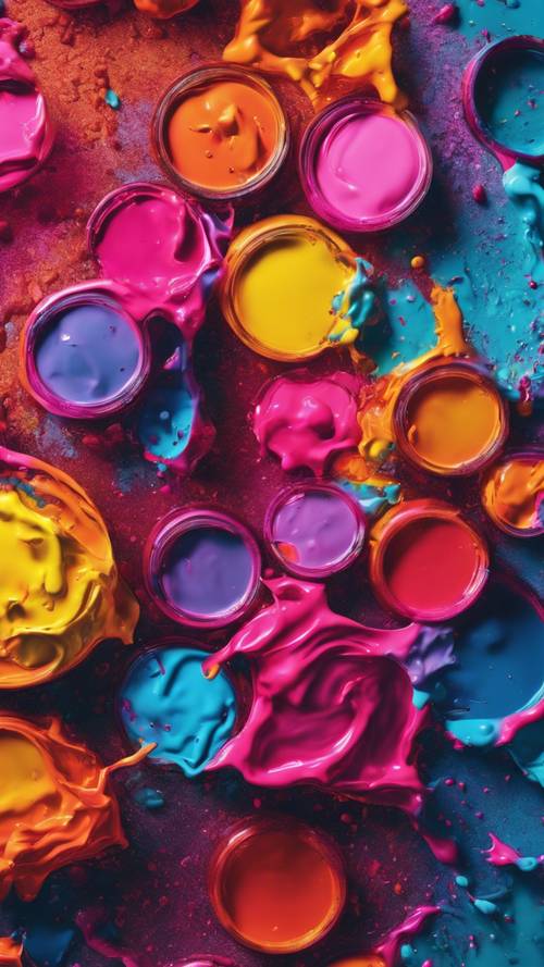 Spilled multicolored vibrant neon paints, glistening and pooling together on a flat glossy surface.