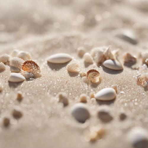 Zbliżenie na białą plażę, przedstawiające zmieszane drobne ziarna piasku i maleńkie muszelki.