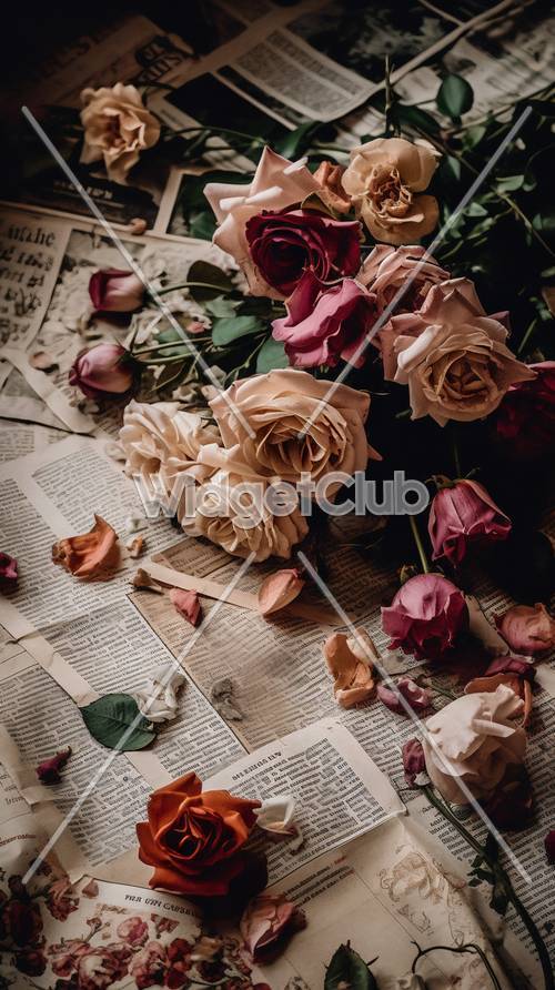 Roses Spread Across Newspaper Pages