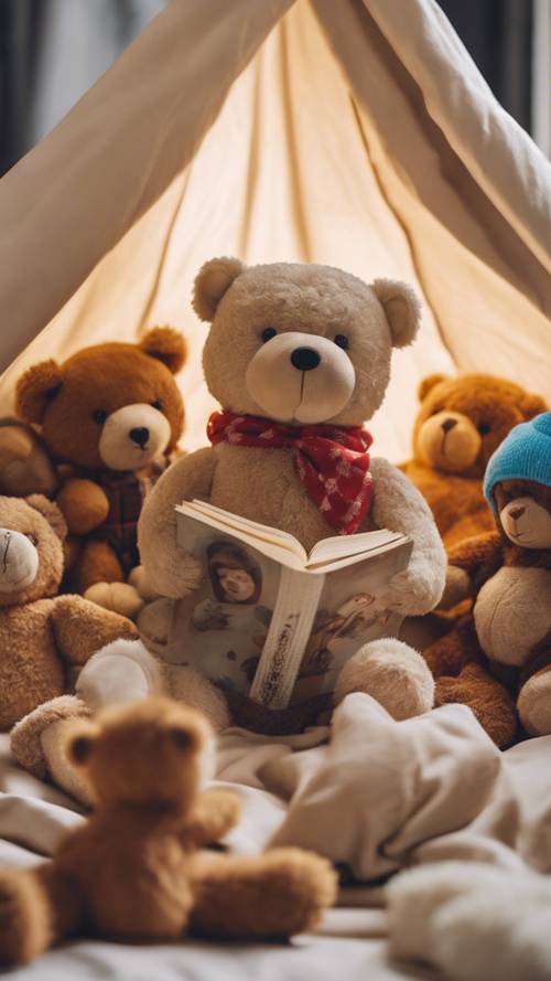 Một chú gấu bông đang đọc truyện cho một nhóm đồ chơi động vật dưới tấm chăn.