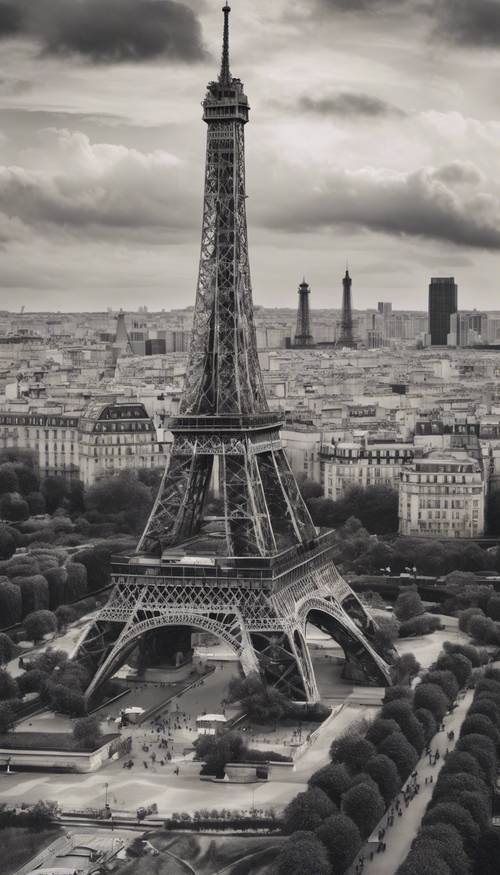 Sudut pandang Menara Eiffel dari udara, dikelilingi oleh cahaya lembut Paris, dibuat dari arang.
