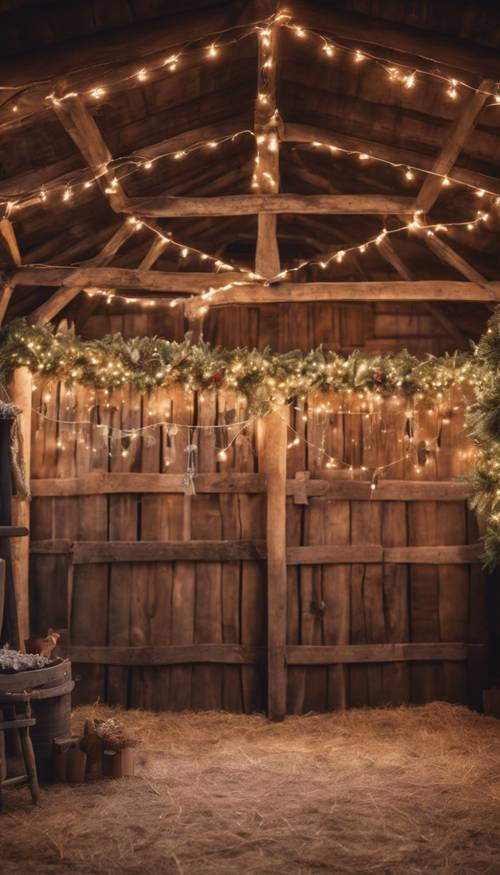 A rustic barn, magically transformed into a festive scene with string lights, Christmas garlands, and a nativity display.