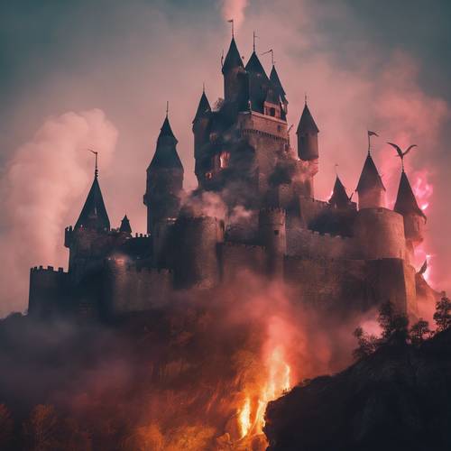 一座被霓虹烟雾笼罩的中世纪城堡，城堡顶部栖息着一条龙。