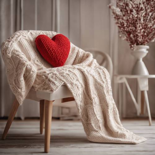 Um suéter de lã bege com um padrão de coração vermelho pendurado sobre uma cadeira branca.