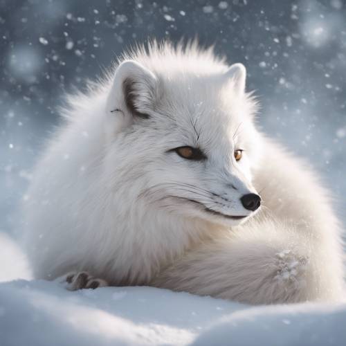 Śnieżnobiały lis polarny zwinięty w kłębek, z płatkami śniegu spoczywającymi na futrze. Tapeta [3aa30c76f49a48f8b5cc]