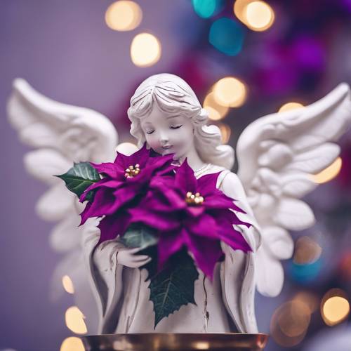 A pristine white Christmas angel delicately holding a vibrant purple poinsettia.