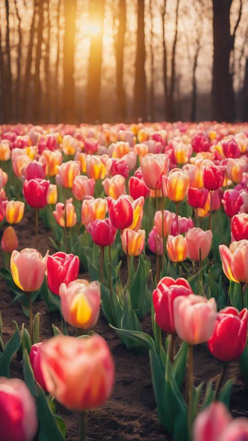 Pole wspaniale kolorowych tulipanów skąpanych w delikatnym blasku wiosennego wschodu słońca.