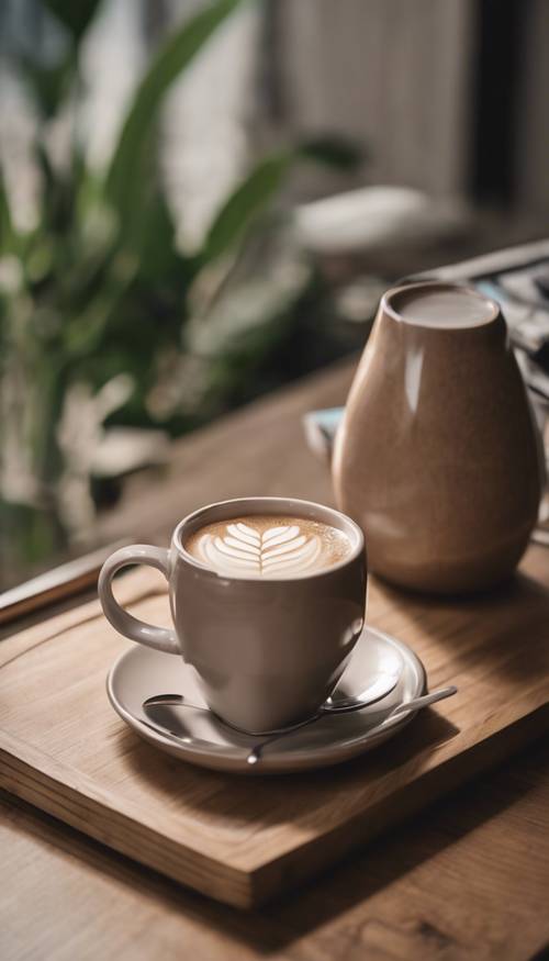 Una taza de café de cerámica marrón llena de café con leche de avena, colocada sobre una mesa de estudio de madera