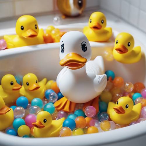 A yellow toy duck surrounded by bubbles and smaller rubber toys in a child's bathtub.