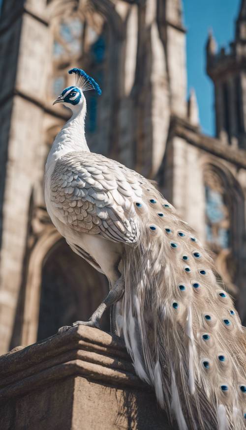 Ein stolzer weißer Pfau mit metallisch blauen Augen, der auf dem Turm einer mittelalterlichen Kathedrale thront.