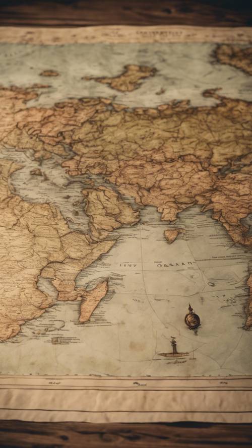 一張老式的紙質地球地圖，邊緣捲曲，放在古董橡木桌上。