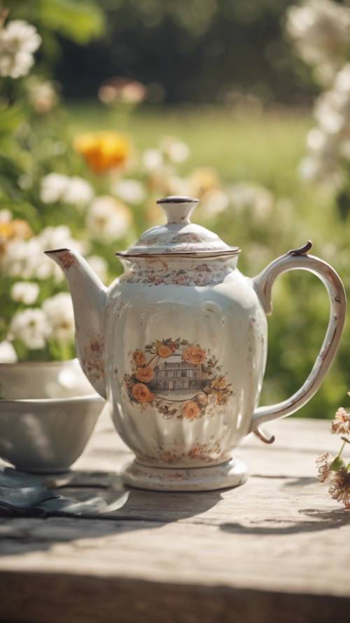 A shabby chic teapot on a table in a sunny garden, wit 'Happiness served daily' playfully printed on its side.