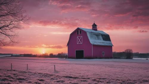 시골의 추운 겨울날 지는 태양을 배경으로 소박한 짙은 분홍색 헛간이 있습니다.