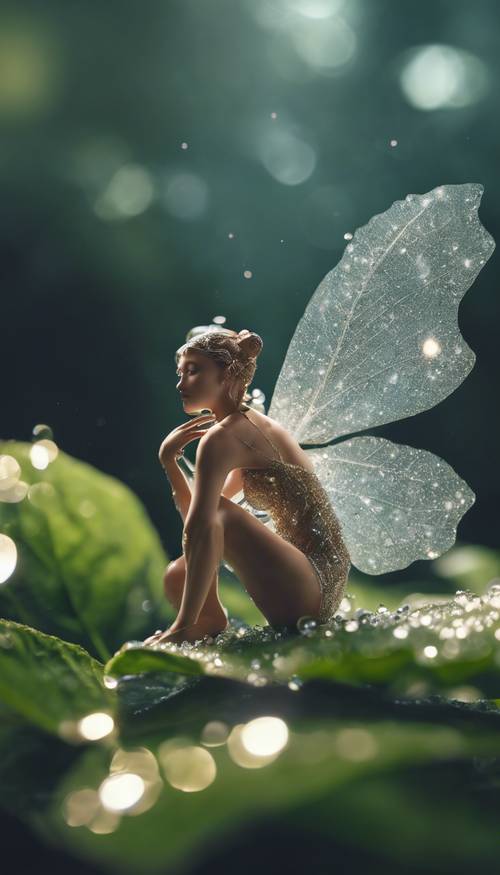 Uma fada com asas brilhantes descansando confortavelmente em uma folha coberta de orvalho