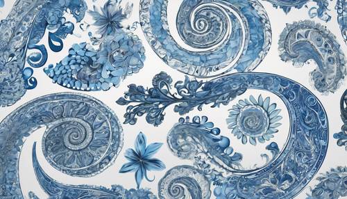 Elementos de design paisley espiralando em diferentes direções, coloridos em vários tons de azul sobre branco.