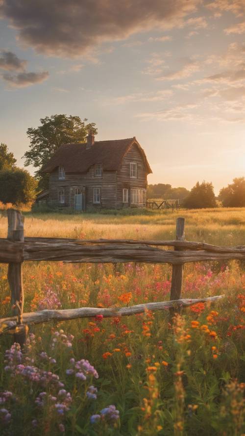 A calm late summer afternoon in a countryside, with a vintage house by a wooden fence, vibrant wildflowers in the foreground and a hazy sunset cast over sprawling farm fields.