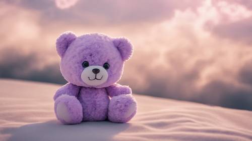 Một chú gấu bông kawaii màu tím nhạt với đôi mắt lấp lánh ngồi giữa những đám mây mềm mại.