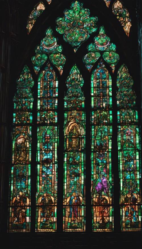 A gothic style green stained glass window, casting colorful light inside a dark cathedral