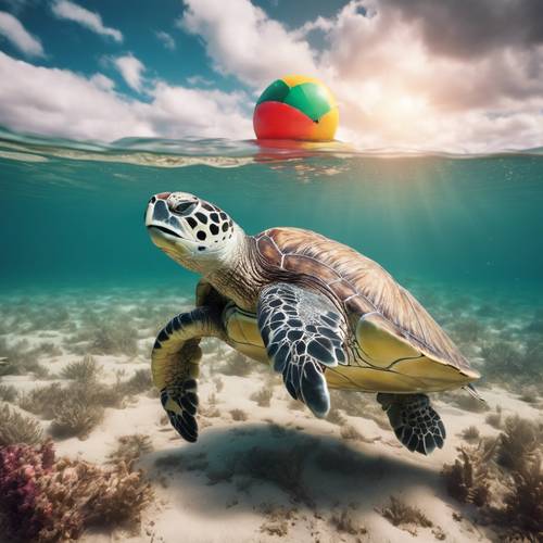 Sea turtle surfacing next to a colorful buoy, under a cloudy sky.