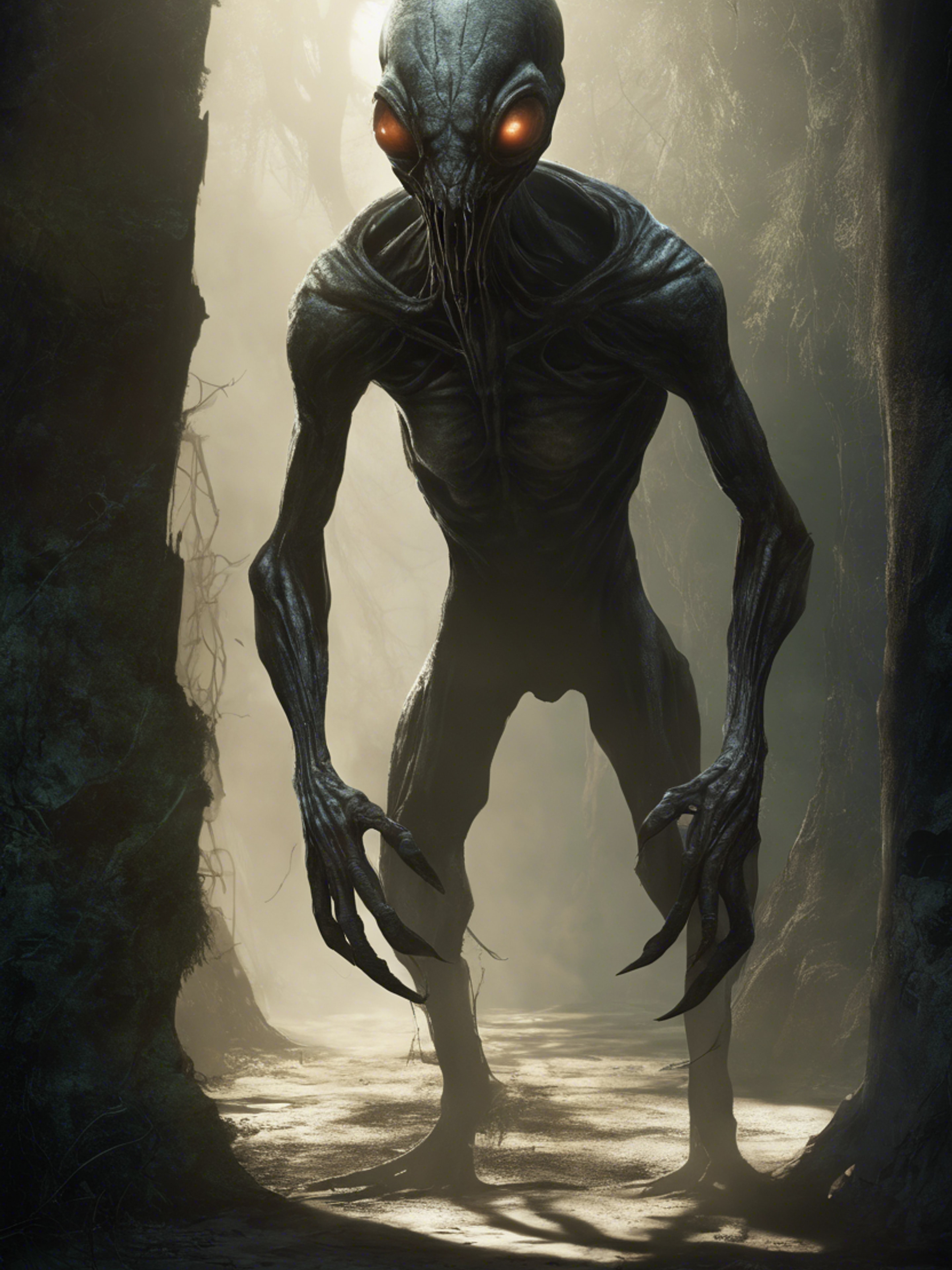 An eerie shot of an alien creature from a sci-fi horror game, emerging from the shadows. Tapeet[70e4d6a77d4241508cba]