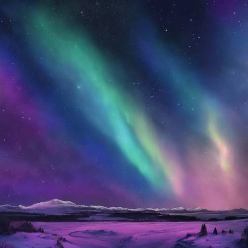 A stunning display of blue and purple northern lights dancing across the night sky, painted in an abstract style.